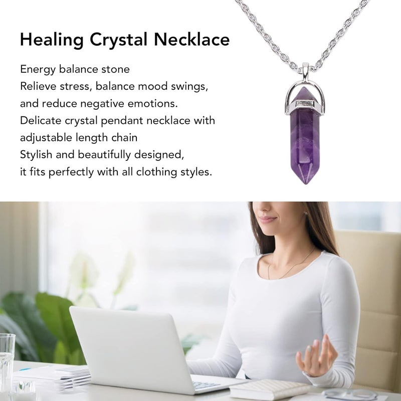woobles Hexagonal Healing Crystal Pendant Necklace with Chain, Energy Healing Pendant, Natural Prism Stone Jewelry for Men Women(Amethyst) - Image 2